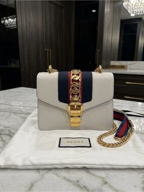 Gucci Sylvie White Leather Shoulder Bag with Navy & Red Web Stripe